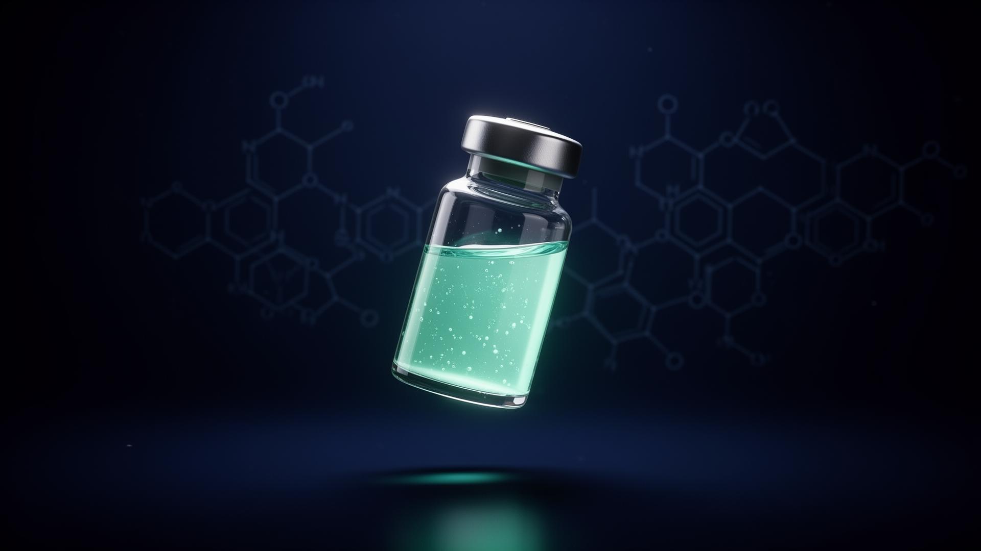 Glowing peptide vial with molecular background